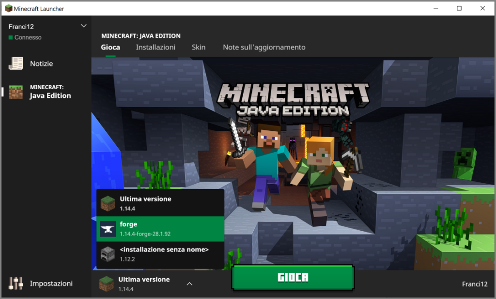 Il Launcher di Minecraft; ora selezioniamo lo User di nome Forge e clicchiamo gioca per avere i Lucky Block su Minecraft.