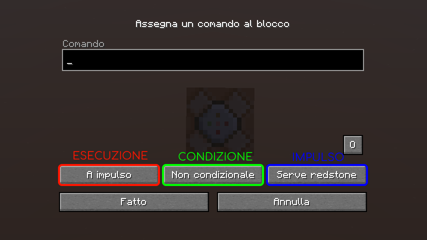 Questa è l'interfaccia del Command Block di Minecraft, coi 3 Tasti e la Barra di Comando.