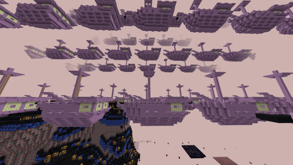 Altro che premi del Mondo shulker, in questa dimensione della snapshot 20w14∞ di Minecraft abbiamo a centinaia di quelle navi di purpur volanti! Se non a migliaia!