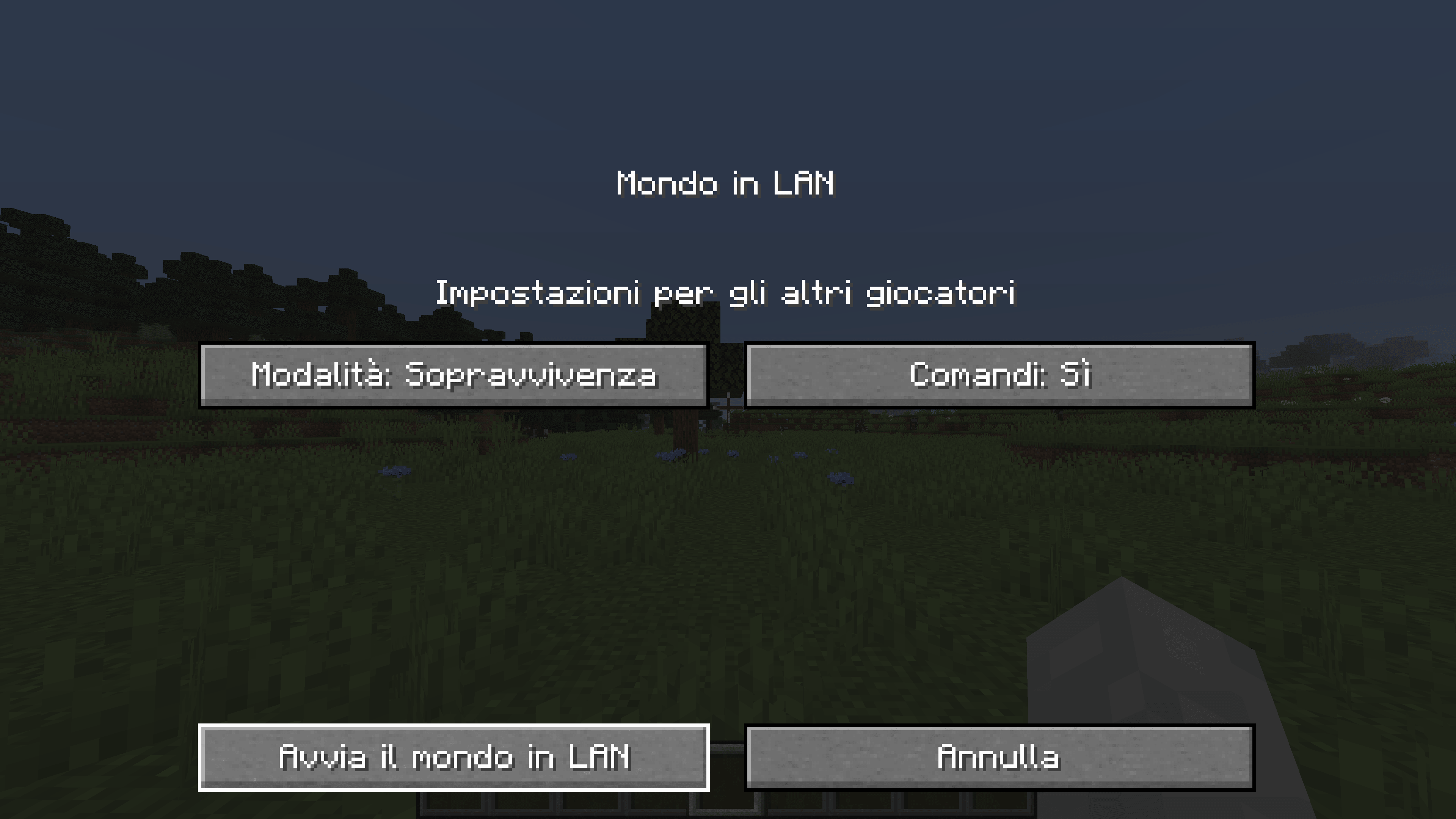 Dopo aver cliccato Esc vai sul tasto Apri in LAN e, per ospitare il mondo e poter giocare in due su Minecraft, clicca Avvia Il Mondo in LAN.