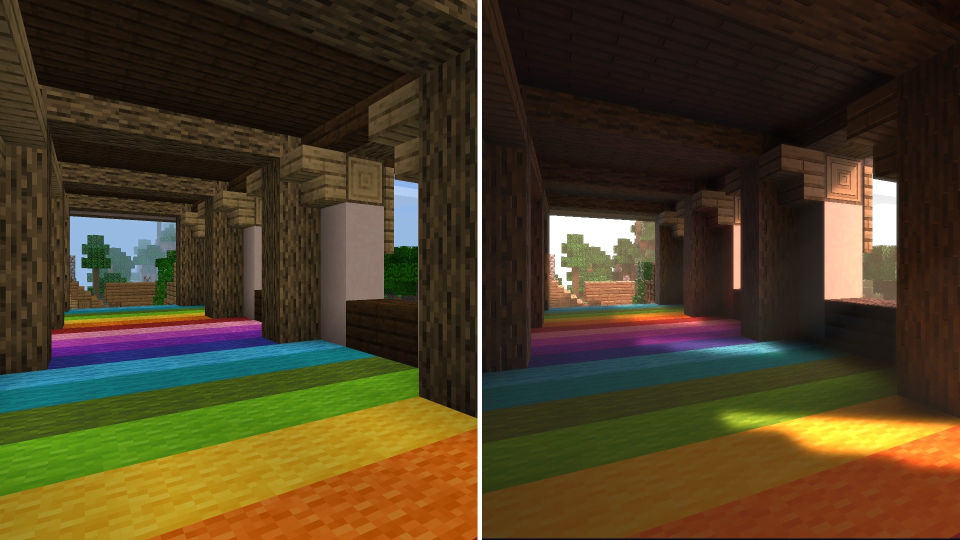 Qua come detto con lo spiraglio di luce, ecco la differenza tra Ray Tracing Minecraft (destra) e non (sinistra)!