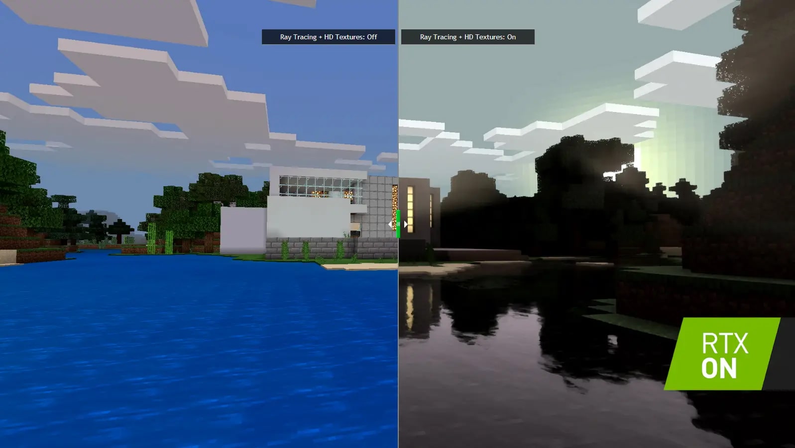 Ecco qua la quantità dei riflessi che Minecraft col Ray Tracing (a destra) vanta in più rispetto al Minecraft senza Ray Tracing!