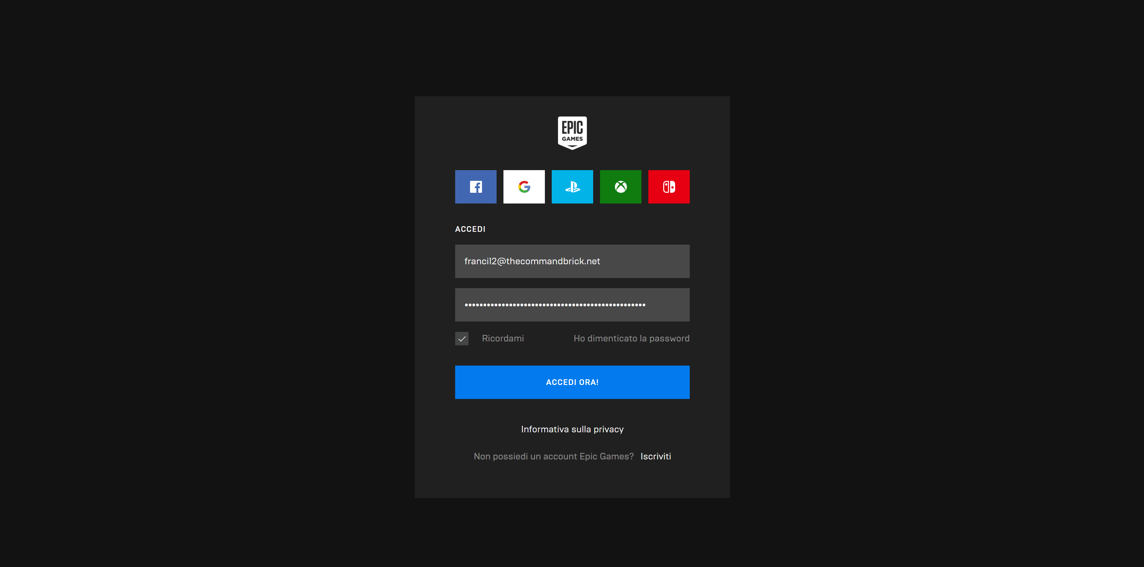 Prima cosa, il login nell'Epic Games account. Questo in caso ci sia bisogno, prima di procedere all'attivare il 2F.