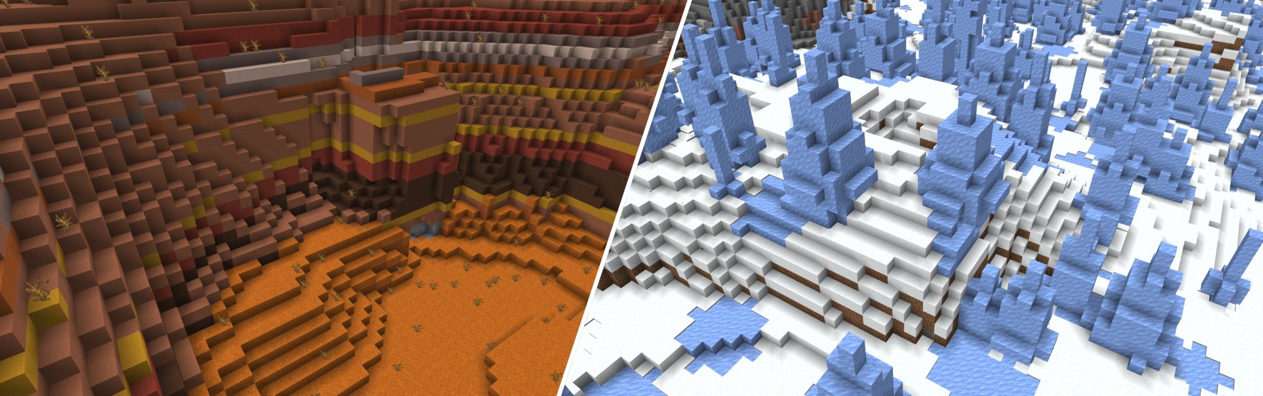 Ecco come trovare i biomi di Minecraft. Nell'immagine c'è il bioma delle badlands e dei ghiacciai di Minecraft. Pronti a localizzarli? Usiamo il Locatebiome!