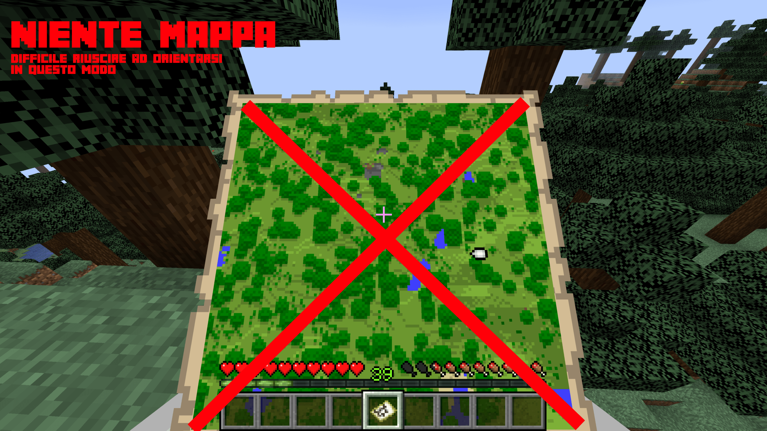 Primo metodo per orientarsi in Minecraft - senza mappa. È più difficile perché devi ricordare come è fatto il territorio che ti circonda, per poi orientarti. Spesso non si sa come è fatto un territorio sconosciuto, e infatti c'è il Metodo 2.