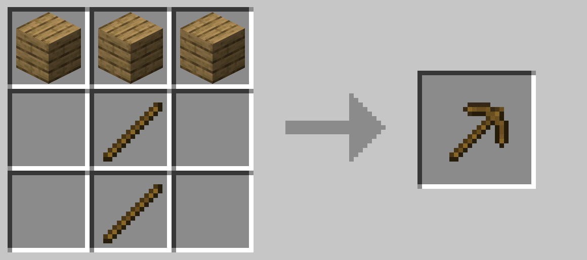 Primo step - Crafta un piccone, anche di legno. Ti servirà per ottenere i ciottoli da usare per fare la pietra liscia in Minecraft.